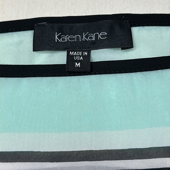 Karen Kane 100% Silk Mint Khaki Black Multi Striped Tie Waist Kimono Top Size M - Picture 7 of 11
